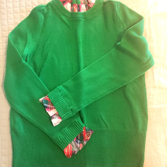 Crown & Ivy green sweater with ruffled, plaid cuff and collar - Picture 1 of 2